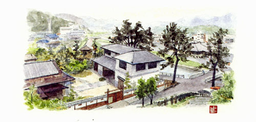 福山ぬまくま文化館(枝広邸)全景〜上野重治・画